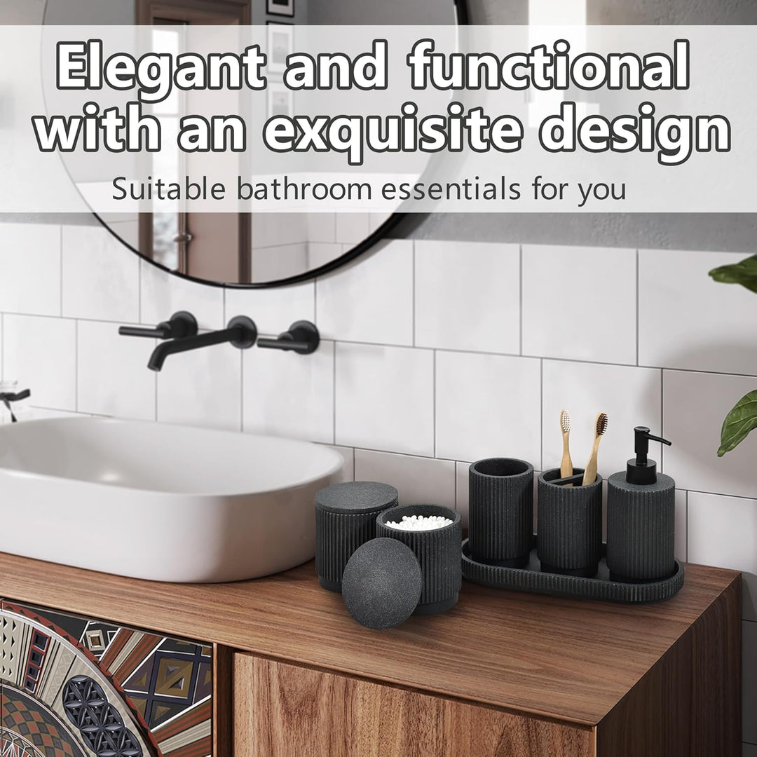 Badezimmer Set 6-TLG | Seifenspender + Zahnputzbecher mit Tablett & Wattestäbchenbox | Design Streif