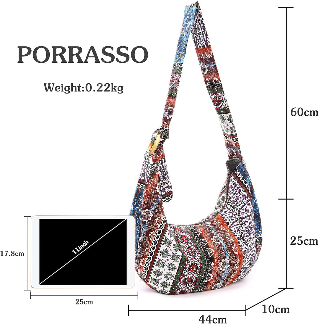 PORRASSO Hippie Umhängetasche Damen Schulterbeutel Leicht Schultertasche Tote für Reise Strandschule