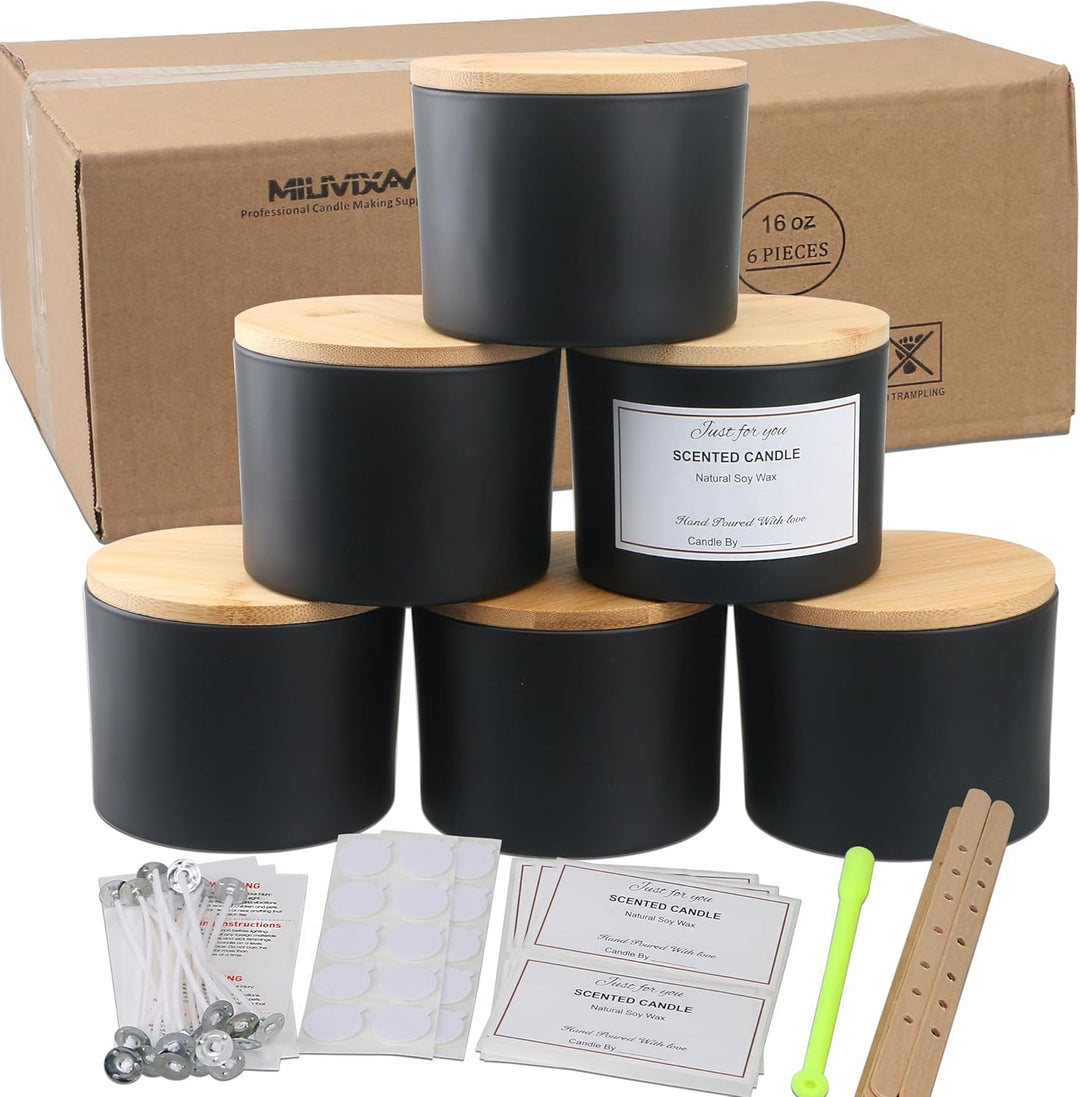 MILIVIXAY 6 Stück 473 ml Kerzengläser Mit Bambusdeckel und Kerzenherstellungs-Kits - 3 Docht-Gläser,