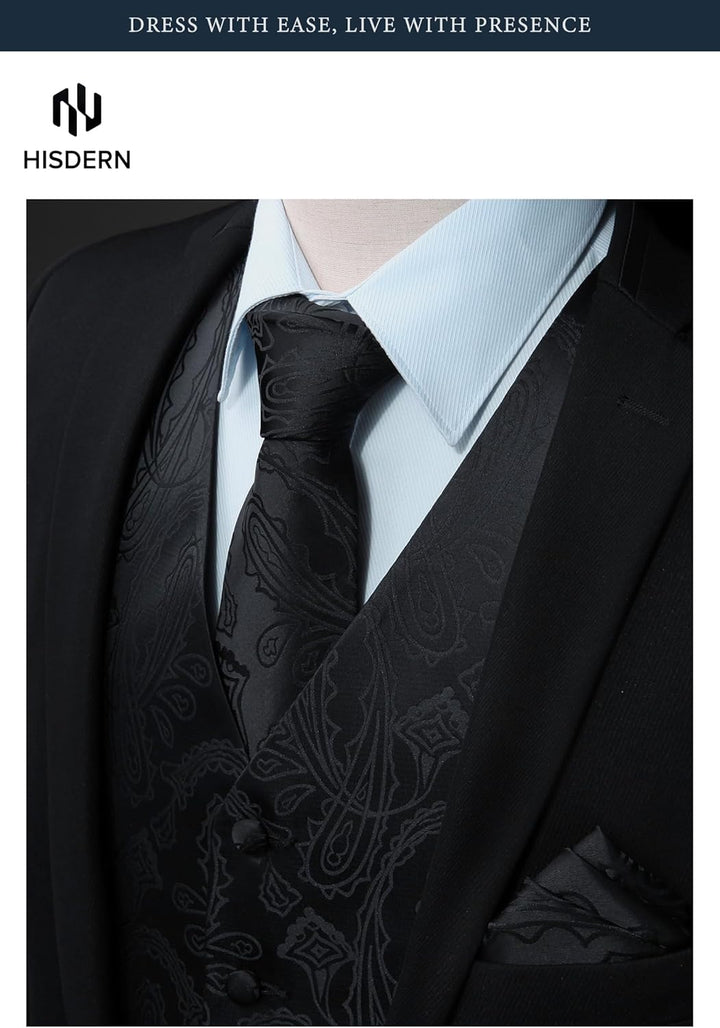 HISDERN Herren FLoral Hochzeit Weste Krawatte Einstecktuch Taschentuch Jacquard Weste Anzug Set XS S