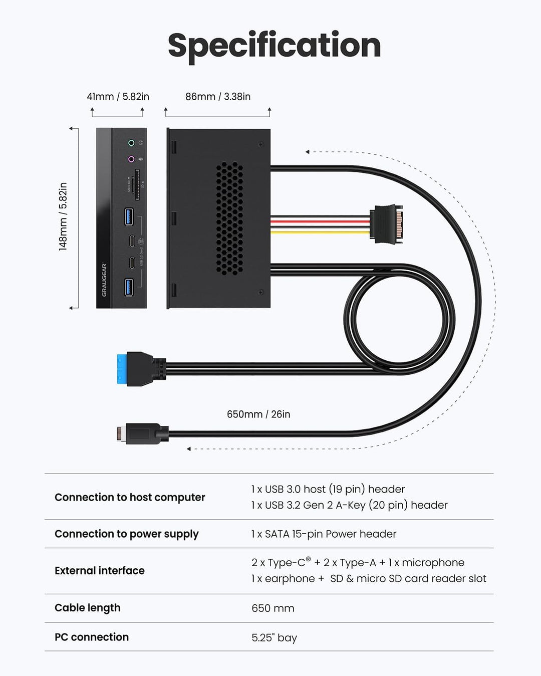 GRAUGEAR 5,25 Zoll PC Frontpanel m. SD Kartenleser und USB HUB [8 in 1] | PC Gehäuse Frontpanel mit