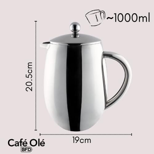 Café Olé Doppelwandiger, Bauchiger Kaffeebereiter aus hochwertigem Edelstahl 18/10 – Satiniert, 8 Mo