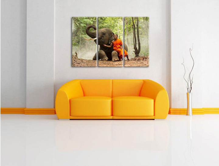 Pixxprint Mönch Elefanten Wald als Leinwandbild - Grösse: 3-Teilig (120x80cm) - Wandbild - Kunstdruc