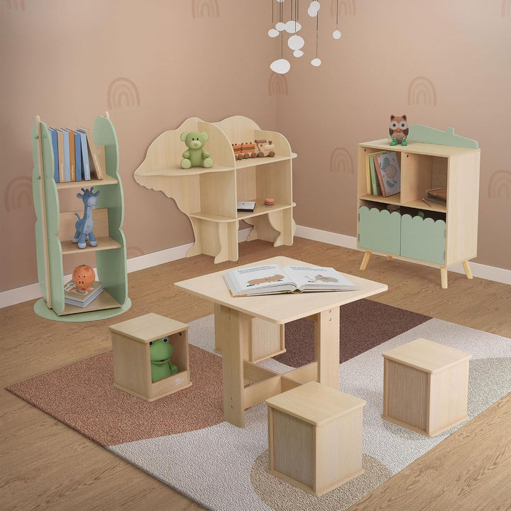 Joyz Bücherregal Kinder Baum-Form, Ø 48 x 96 cm, Grün-Natur, 2 Seitiges Kinderregal aus Holz mit 5 R
