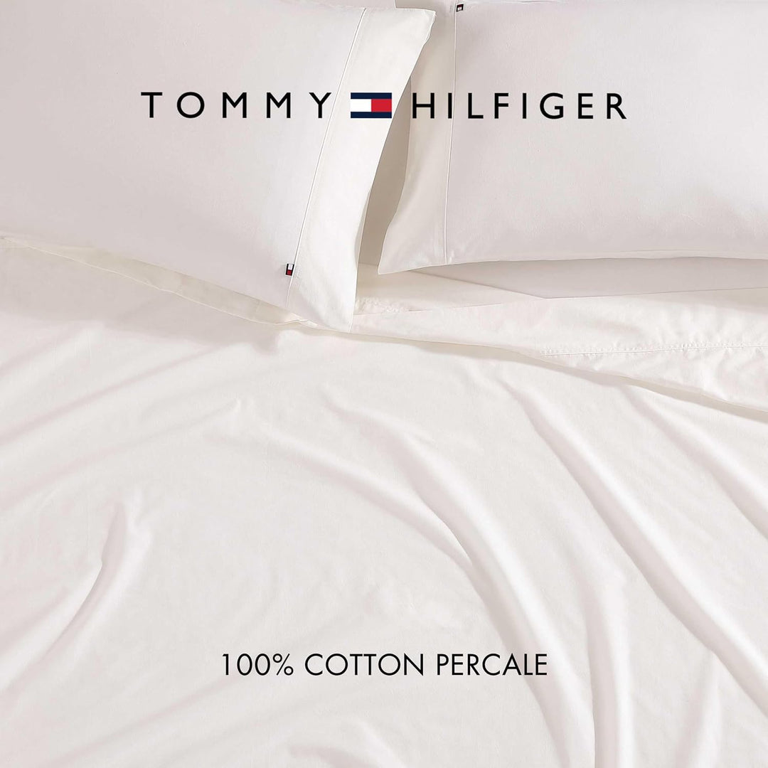 Tommy Hilfiger Bettlaken-Set, gewaschenes Perkal-Bettwäsche-Set aus Baumwoll-Perkal mit passenden Ki