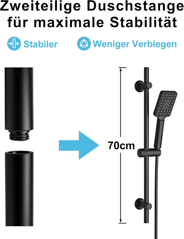 Görbach Duschset Duschbrause mit Schlauch und Halterung, Edelstahl Wassersparend Duschstange 70cm mi