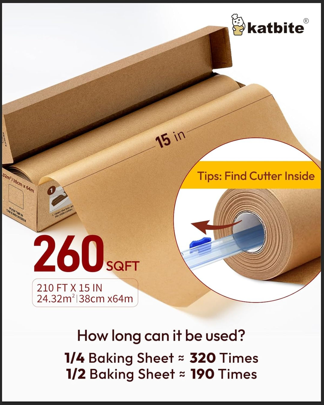 Katbite Ungebleichtes Pergamentpapier zum Backen, 38,1 cm x 64 m, 260 m², robustes Backpapier mit Gl