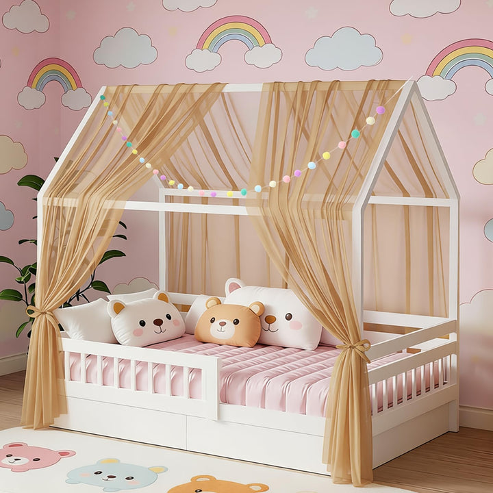 DOINEUFL 2 Stück Hausbett Himmel für Kinderbett, 160x350cm mit Farbiger Pompon-Girlande & Befestigun