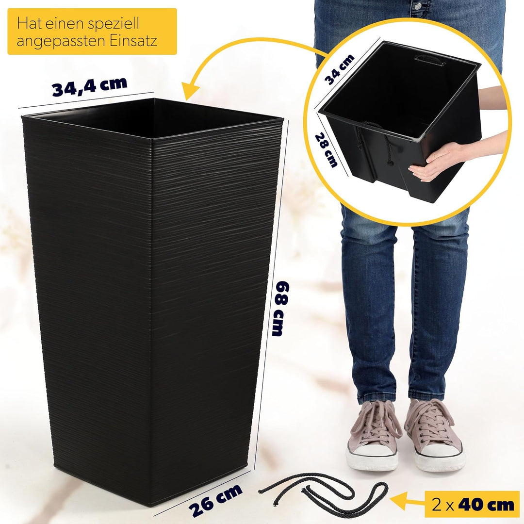 KADAX Pflanzkübel mit Innentopf, Höhe 68cm, Schwarz – Wetterfester Blumentopf für Innen & Aussen, id