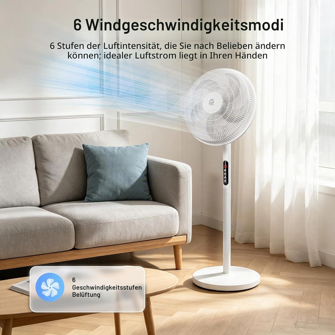 EXTRASTAR 16 Zoll Standventilator mit Fernbedienung, 6 Windstufen, 9h Timer, 70° automatische Schwen