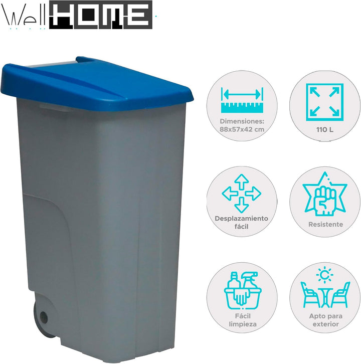 Well Home Recyclingbehälter, 110 Liter, geschlossen, Blau, 88 x 57 x 42 cm
