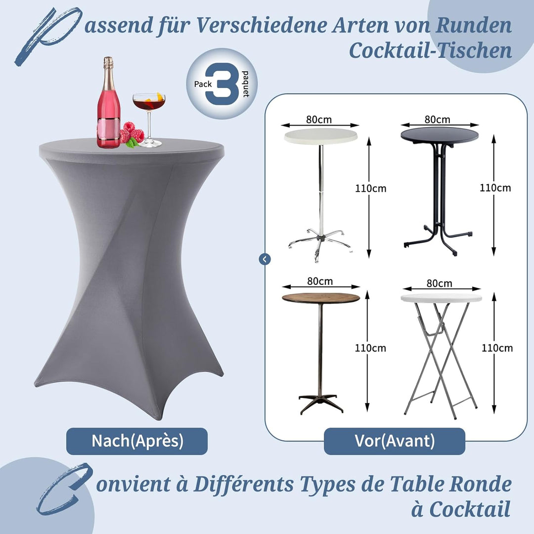 3er-Set Grau Stretch Stehtisch Husse für Bistrotisch Ø80-85 cm Spandex Stretch Tischdecke, Verstärku
