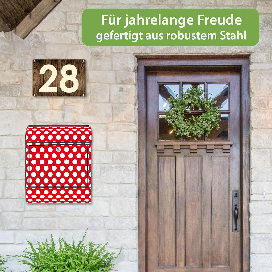 banjado® Design Briefkasten mit Motiv Punkte Rot 39x47x14cm &amp; 2 Schlüssel - Briefkasten Stahl schwar