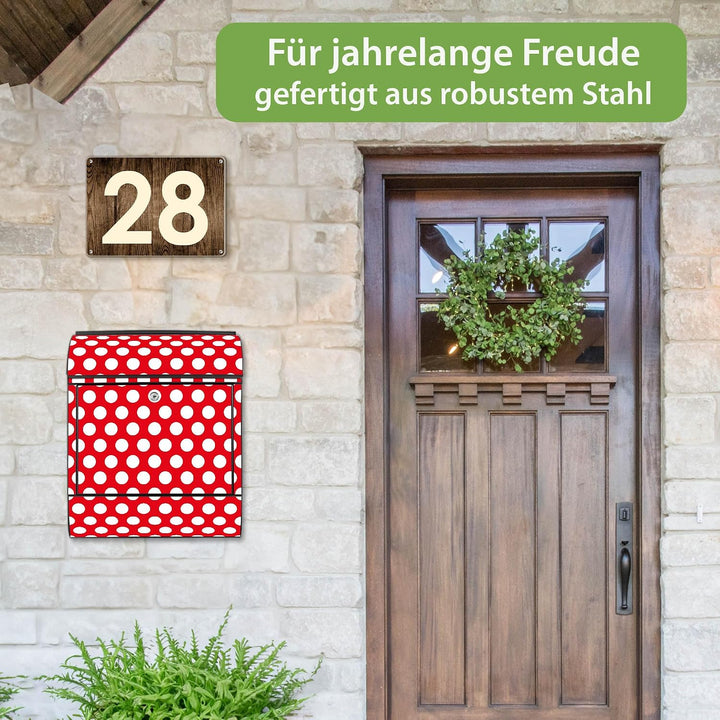 banjado® Design Briefkasten mit Motiv Punkte Rot 39x47x14cm &amp; 2 Schlüssel - Briefkasten Stahl schwar