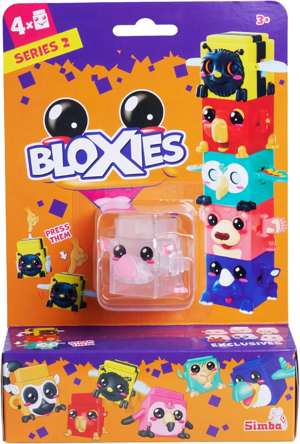 Simba Toys Bloxies Figur Serie II (4 Stück) – Tier-Baustein zum Stapeln und Sammeln, lustiger Bewegu