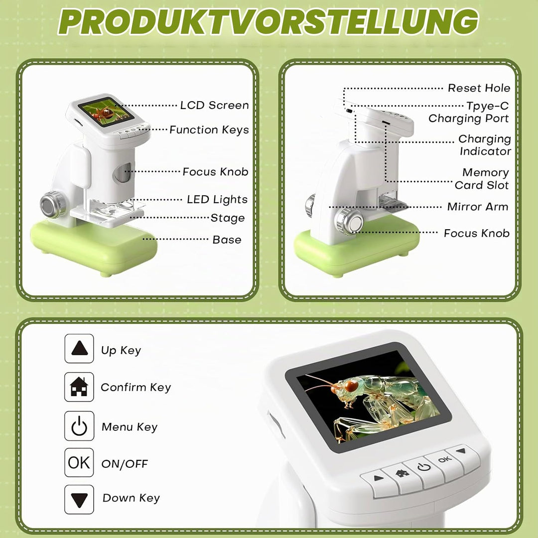 Bostar Mikroskop für Kinder 120-1200X mit Ständer/38 Sammelkarten/5 Folien, 2-in-1 2,0" IPS Bildschi