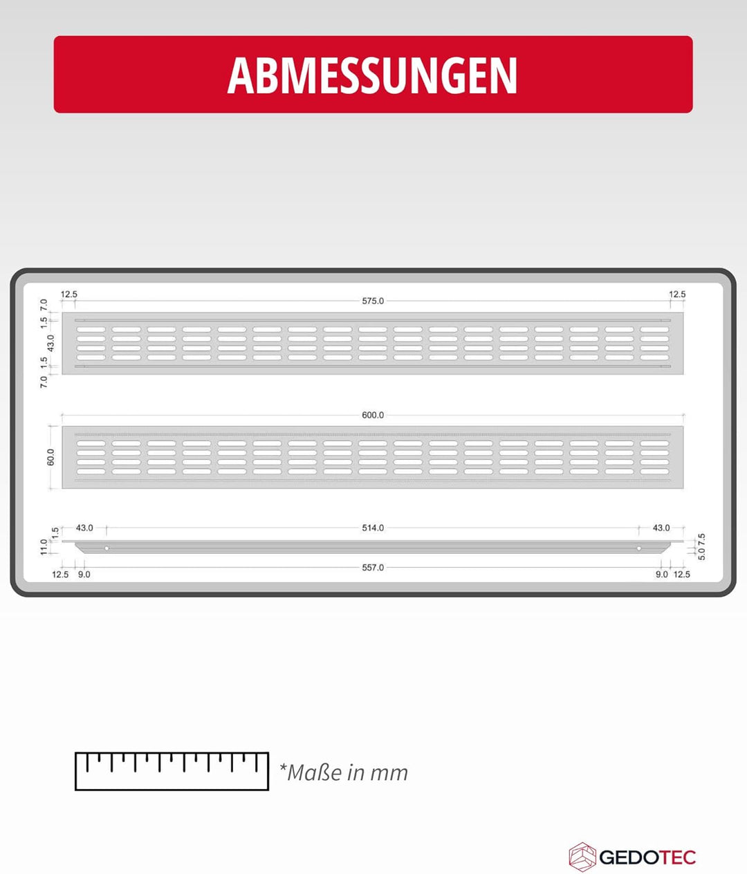 Gedotec Lüftungsgitter eckig aus Aluminium | 1 Stück Abluft-Gitter Edelstahl-Finish 600 x 60 mm | Tü