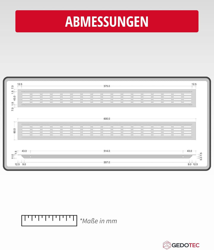 Gedotec Lüftungsgitter eckig aus Aluminium | 1 Stück Abluft-Gitter Edelstahl-Finish 600 x 60 mm | Tü