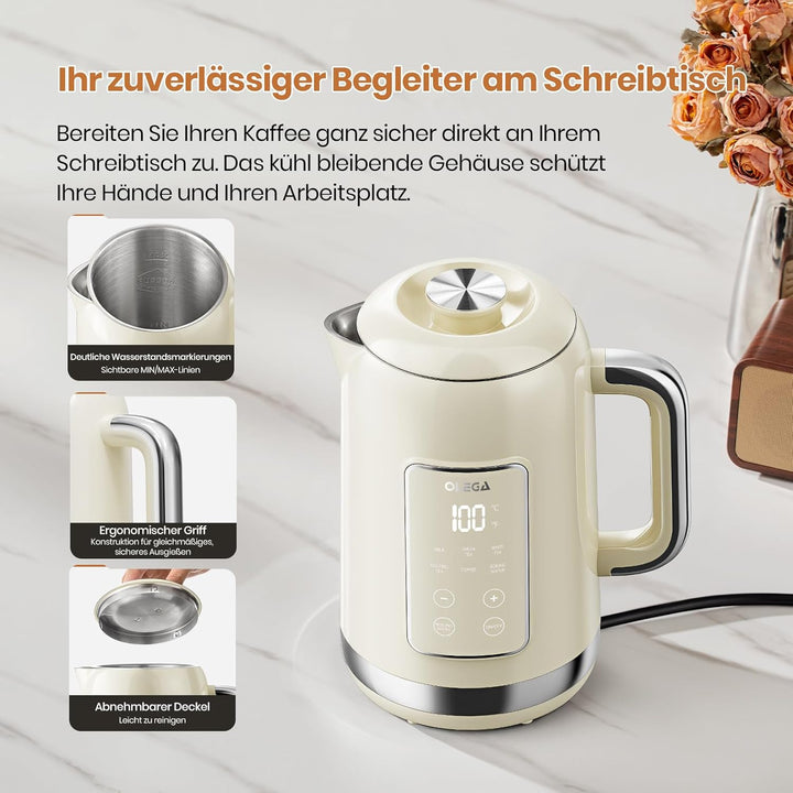 OLEGA Wasserkocher: 1800 W Wasserkocher mit Temperaturregelung, 1,5 l Fassungsvermögen, Edelstahl, S