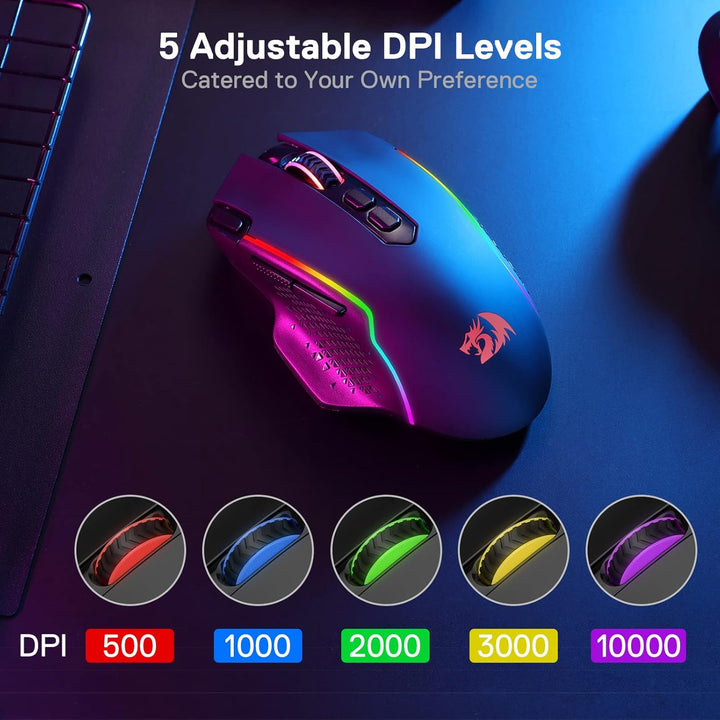 Redragon M810 Pro Kabellose Gaming-Maus, 10000 DPI Kabelgebundene/Kabellose Maus mit Schnellfeuertas