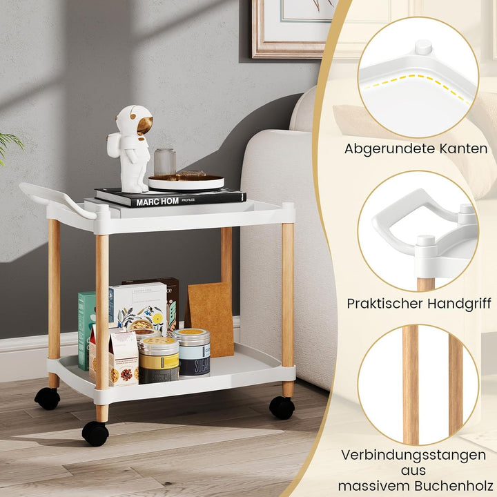 COSTWAY Servierwagen 2 Ebenen, Nischenregal auf Rollen, Küchenwagen Rollwagen mit Bremsen & Griff, K