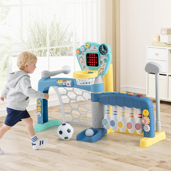 DREAMADE 5-in-1 Multiaktivitätszentrum mit Basketball, Fussball, Bowling, Baseball & Golf, höhenvers