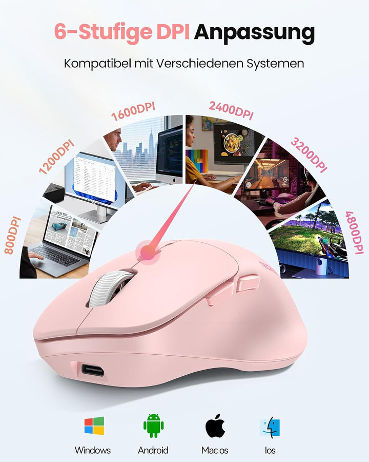 TECKNET Bluetooth Maus Wiederaufladbar, Ergonomische Daumenauflage | Tri-Modi: BT5.0/3.0 + 2.4G, 480