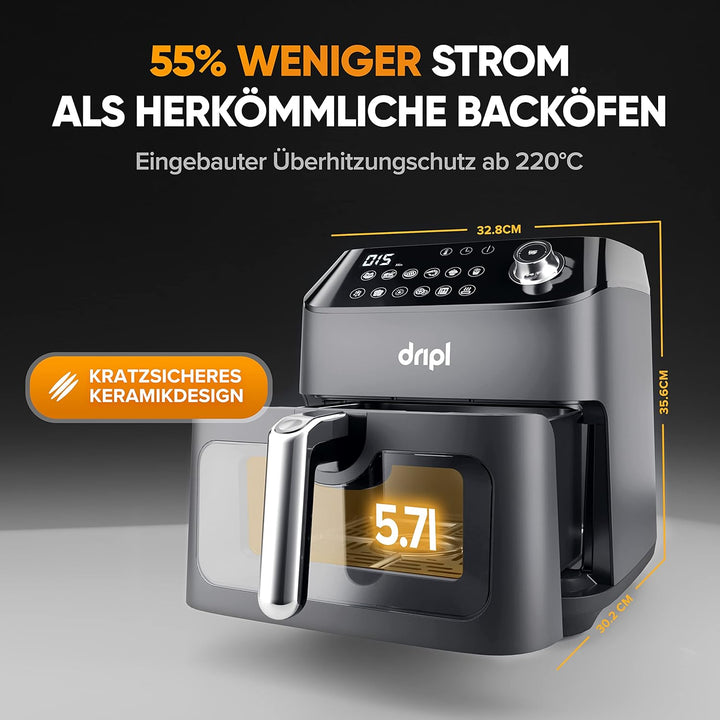 Dripl Heissluftfritteuse 5,7L, XXL Fritteuse mit LCD Touchscreen, AirFryer mit 12 Programmen, Kompak