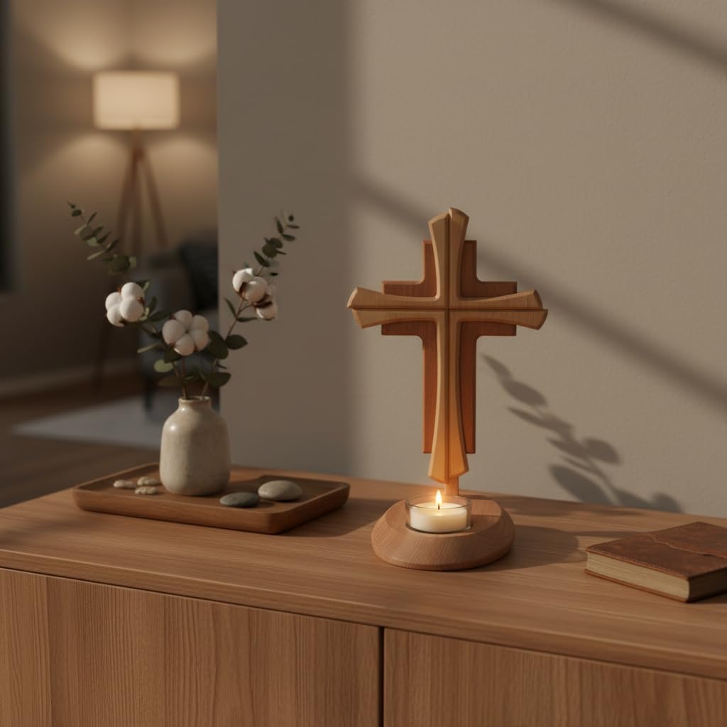 Kaltner Präsente Geschenkidee - Echtes Holz Buche Kreuz Kruzifix mit Teelicht 25 cm modern