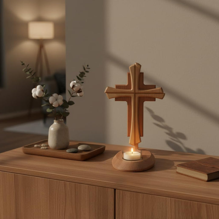 Kaltner Präsente Geschenkidee - Echtes Holz Buche Kreuz Kruzifix mit Teelicht 25 cm modern