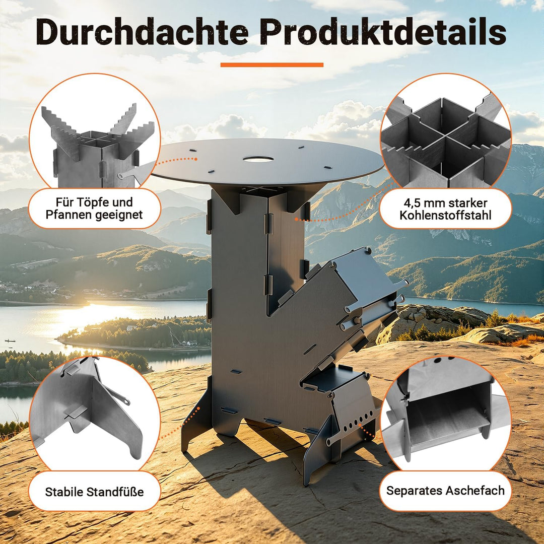 Raketenofen mit Grillplatte, Feuerhaken und 2 Standfüssen