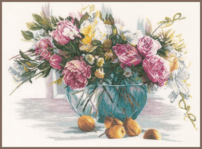Lanarte Zählmusterpackung Stillleben m. Blumen Leinen Kreuzstichpackung, Baumwolle, Mehrfarbig, 53 x