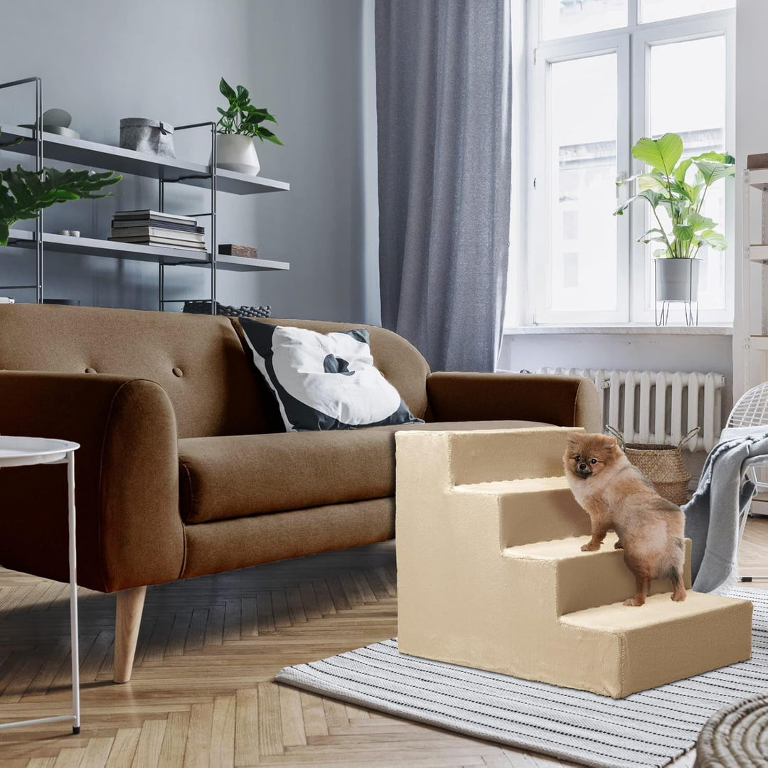 Mg Design Hundetreppe 4 Stufen in Cremefarben – Stabiler Holzrahmen, gelenkschonend, leicht & mobil,