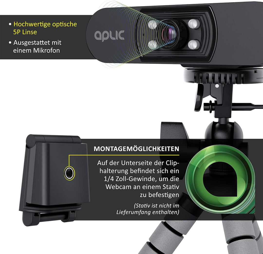 CSL - Full HD Webcam mit Mikrofon 1080p - 1920x1080P – 4 Hilfslichter/Szenelicht– 5P Linse – automat