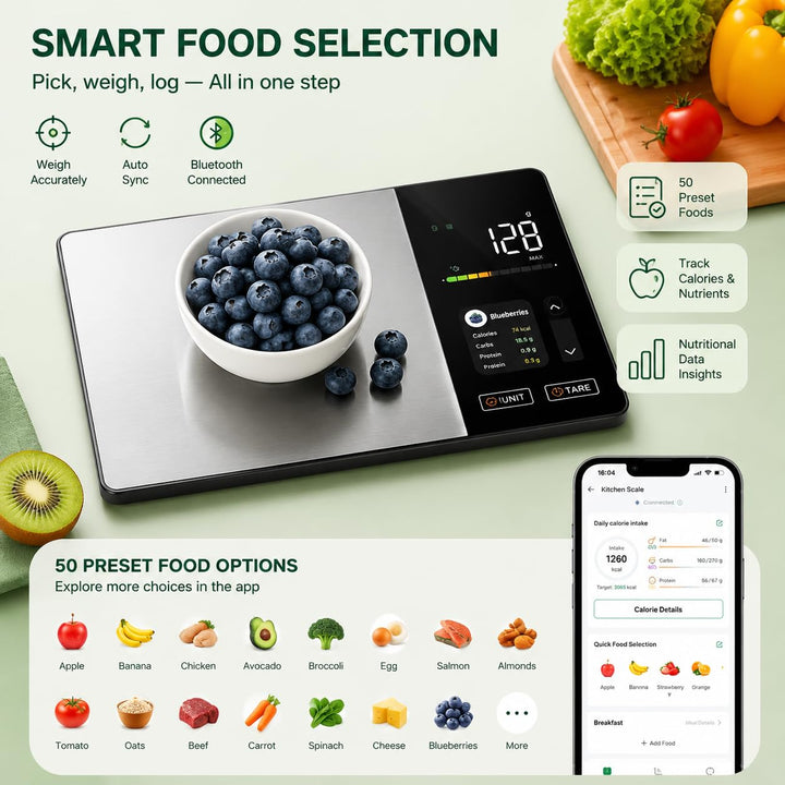 Küchenwaage digital mit Kalorienzähler & Nährwertberechnung | Smart Waage mit Bluetooth, App & TFT D