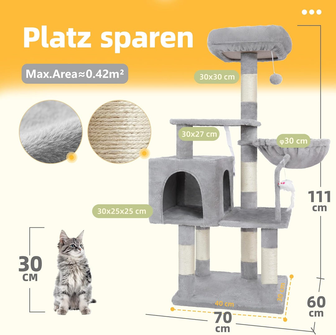 Hey-brother Kratzbaum, 111 cm Katzenbaum mit Spielzeug, Katzenkratzbaum mit Plattform, Hängematte un