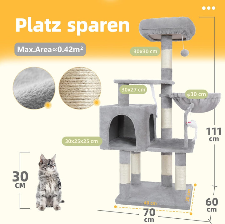 Hey-brother Kratzbaum, 111 cm Katzenbaum mit Spielzeug, Katzenkratzbaum mit Plattform, Hängematte un