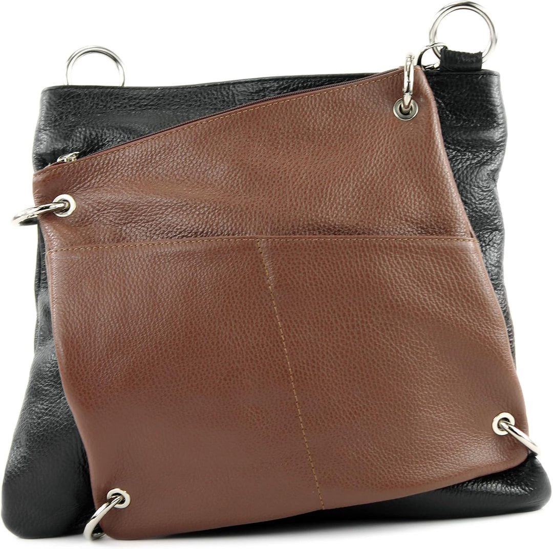 modamoda de - T140 - ital Messengertasche Umhängetasche 2in1 Leder Schwarz/Braun2021, Schwarz/Braun2