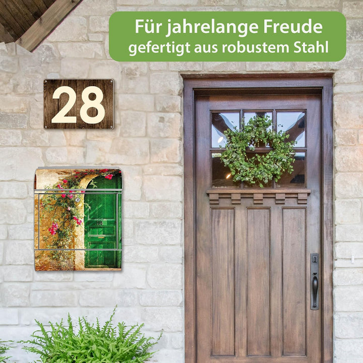 banjado® Design Briefkasten mit Motiv Ferienhaus 39x47x14cm &amp; 2 Schlüssel - Briefkasten Stahl Silber