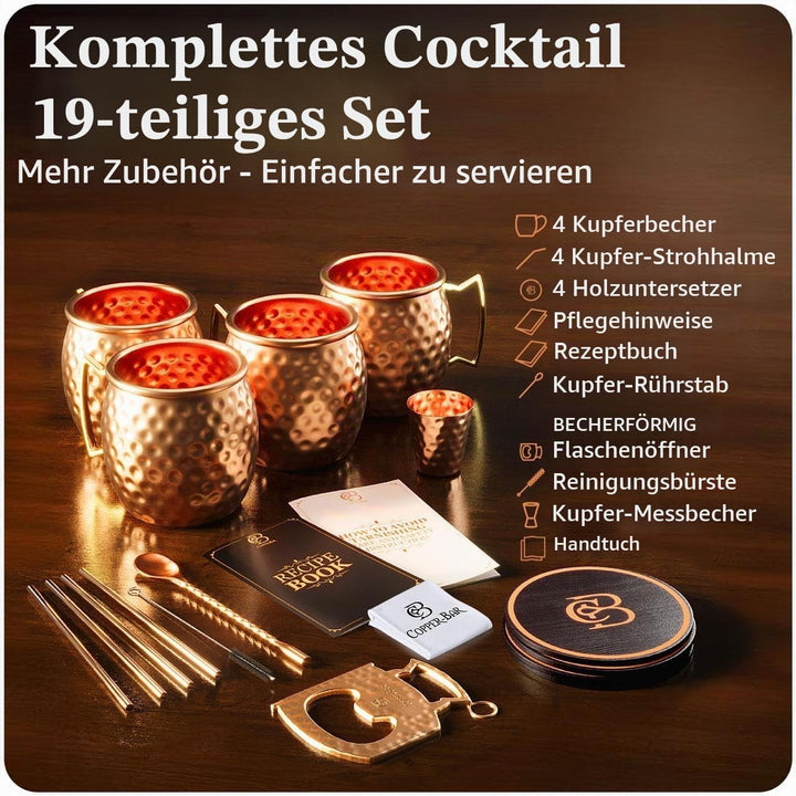 Copper-Bar Moscow Mule Kupferbecher | 4er-Set gehämmerter Becher | 100% HANDGEFERTIGT aus reinem Kup