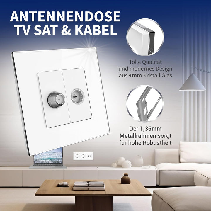 PULSAR Sat Kabel Dose Unterputz mit 3 Steckdosen 4-Fach Glas Weiss, Steckdose x3 mit Kabel Anschluss