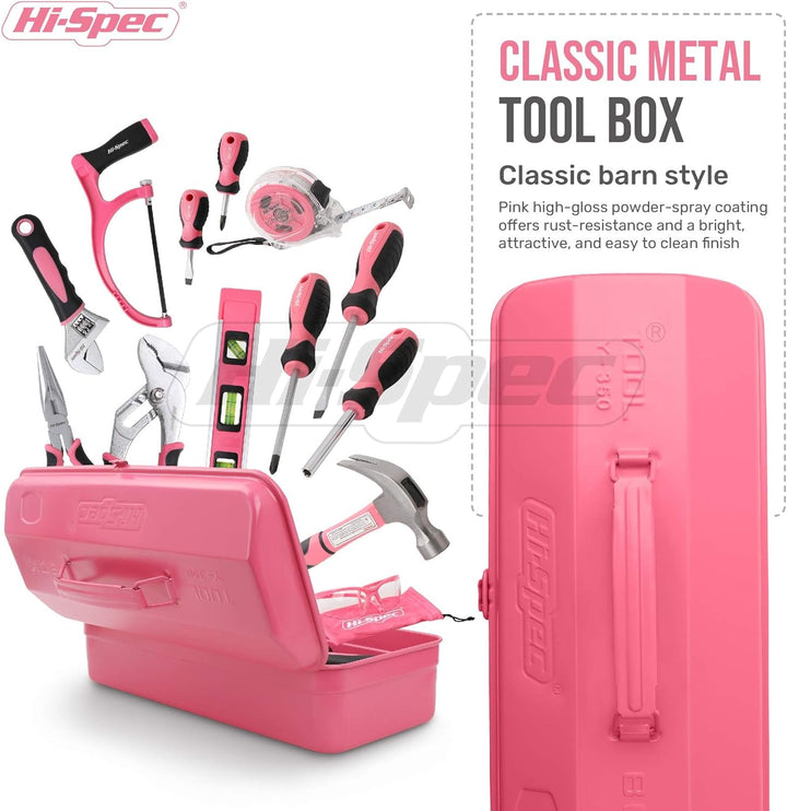 Hi-Spec Retro Pink Rosa Werkzeugkiste mit einer vielzahl von Pinken Werkzeugen die jede Frau braucht