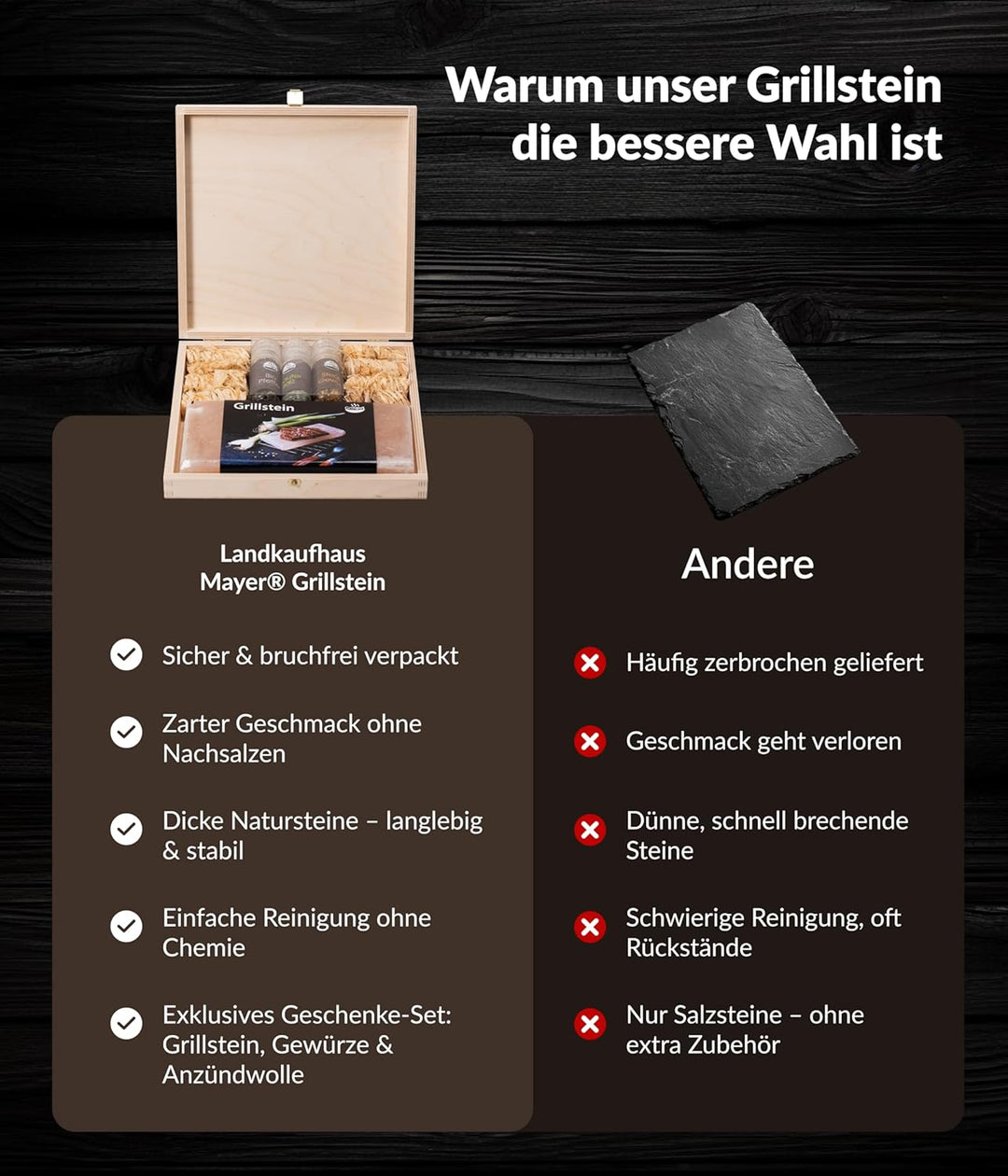 Landkaufhaus Mayer® Grillset Geschenk – 1 Grillstein aus Steinsalz aus der Saltrange in Pakistan Bez