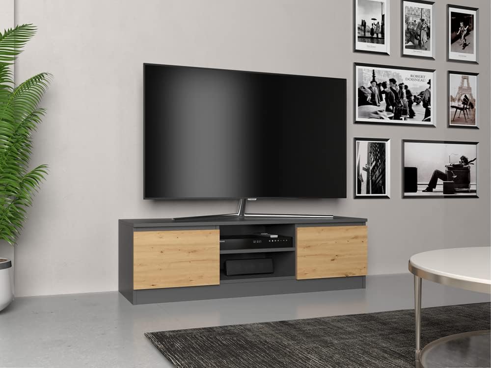 VBChome TV-Schrank 140 x 40 x 36 cm Eiche Aritsan-Antrazit Griffelose Tv-Regal Fernsehtisch mit 2 Tü