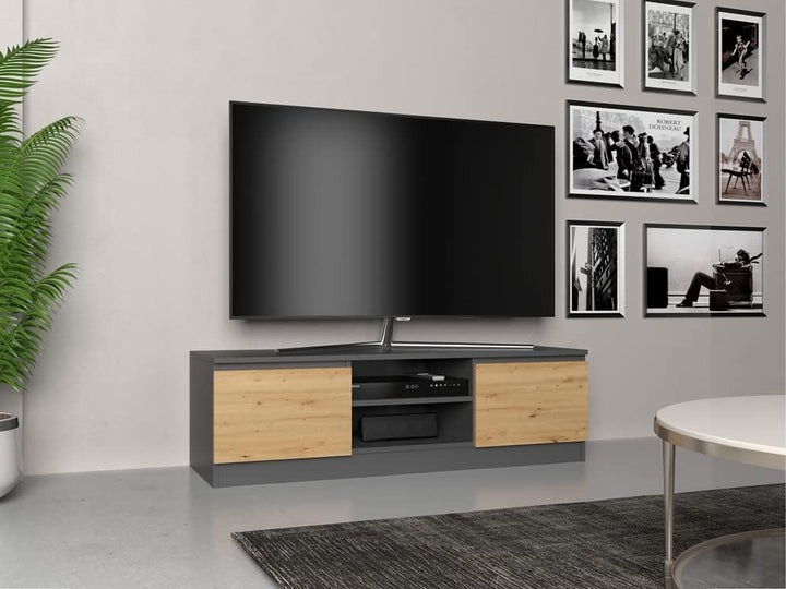 VBChome TV-Schrank 140 x 40 x 36 cm Eiche Aritsan-Antrazit Griffelose Tv-Regal Fernsehtisch mit 2 Tü