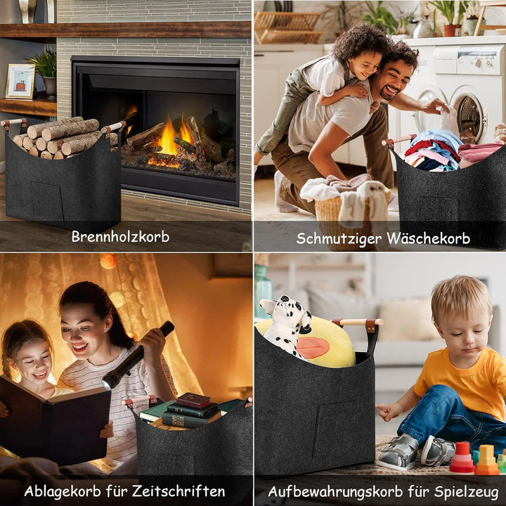 Holzkorb für Kaminholz, XL Kaminholzkorb Filz Feuerholzkorb Brennholzkorb Kaminkorb Filzkorb Faltbar