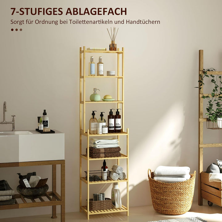 HOMCOM Badregal, Badezimmerregal mit 7 Ebenen, Standregal Aufbewahrungsregal aus Bambus für Wohnzimm