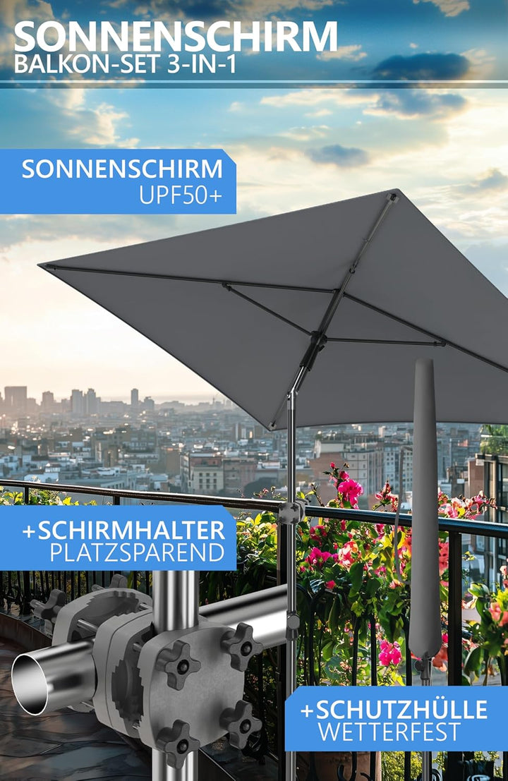 4smile Sonnenschirm Balkon SunnyShade, Sonnnenschutz Balkon SET 3-in-1, Anthrazit - UV50+ SunnyGuy S
