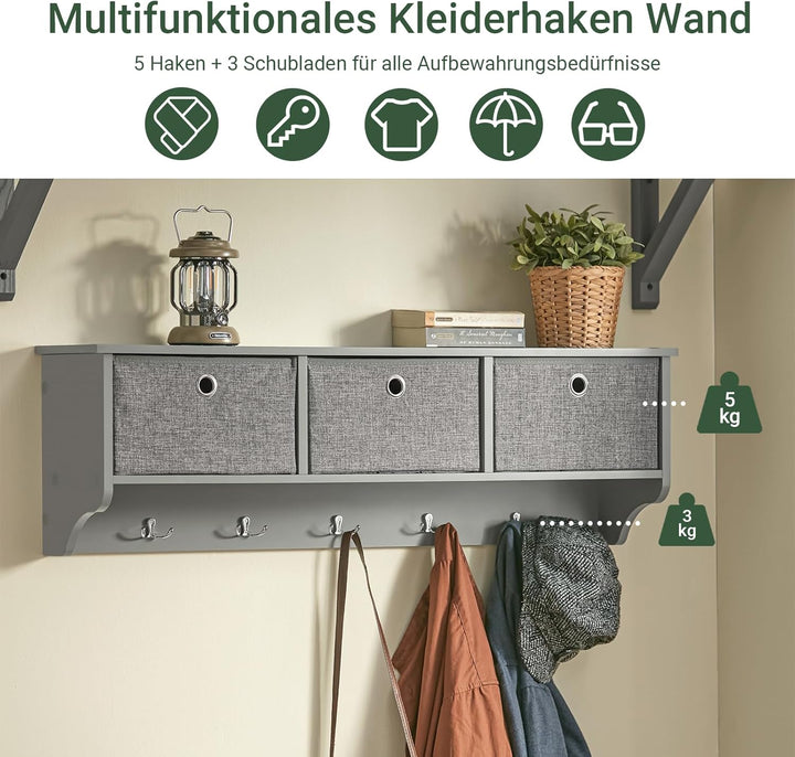 SoBuy FRG282-HG Wandgarderobe Flurgarderobe Kleiderhaken Hängeregal mit 3 Körben und 5 Haken Gardero
