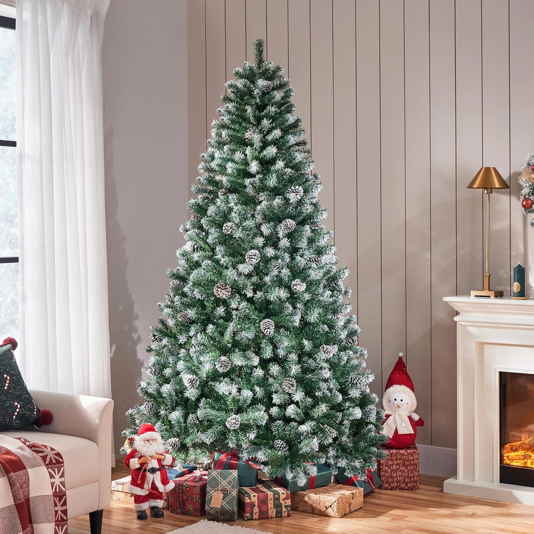Yaheetech 228 cm künstlicher Weihnachtsbaum mit Schnee und 82 Kiefernzapfen (Ø ca.132 cm) 1346 Spitz
